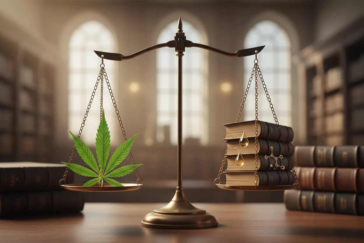 Balance de justice avec une feuille de chanvre, symbolisant la législation et la conformité du CBD.