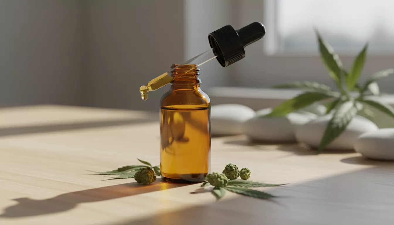 Flacon d'huile de CBD en verre ambré avec une pipette, posé sur une surface en bois clair, symbolisant la pureté et le dosage précis.