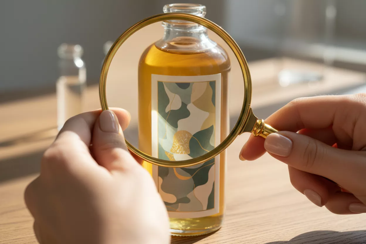 Mains tenant une loupe au-dessus d'une étiquette de produit CBD, symbolisant l'analyse et le choix éclairé.