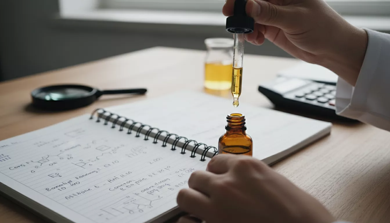 Personne ajustant le dosage d'une pipette d'huile de CBD au-dessus d'une petite fiole, avec des notes de recherche à côté, illustrant la précision nécessaire au bon dosage.