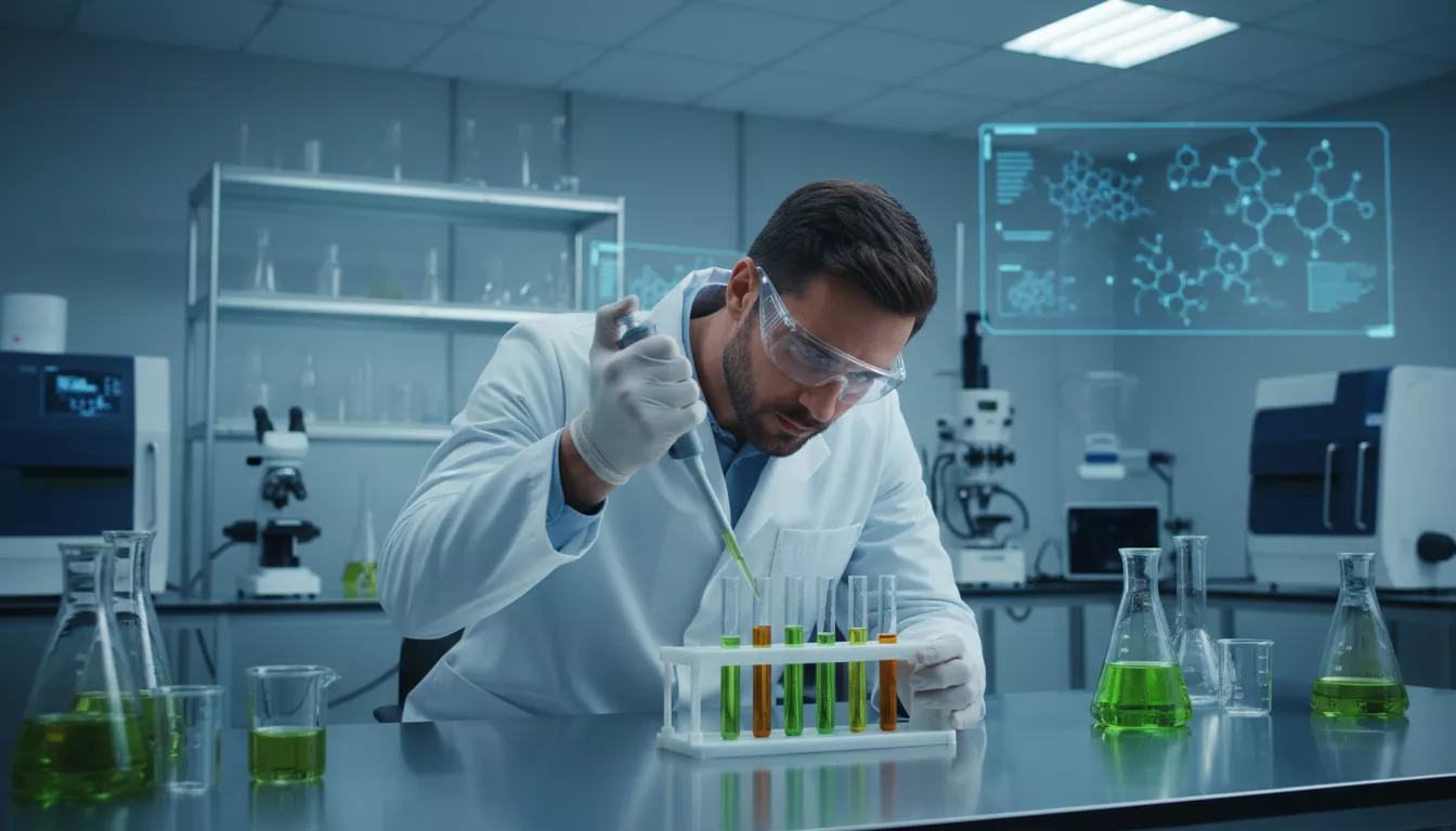 Un chercheur en blouse blanche examinant des échantillons dans un laboratoire moderne, avec des éprouvettes et du matériel scientifique en arrière-plan, symbolisant les tests de qualité du CBD.
