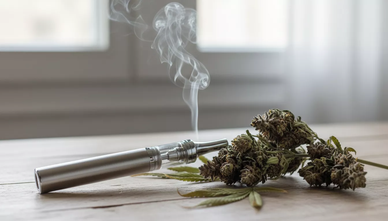 Un vaporisateur élégant dégageant une fine vapeur, posé à côté de fleurs de chanvre séchées sur une table en bois clair.