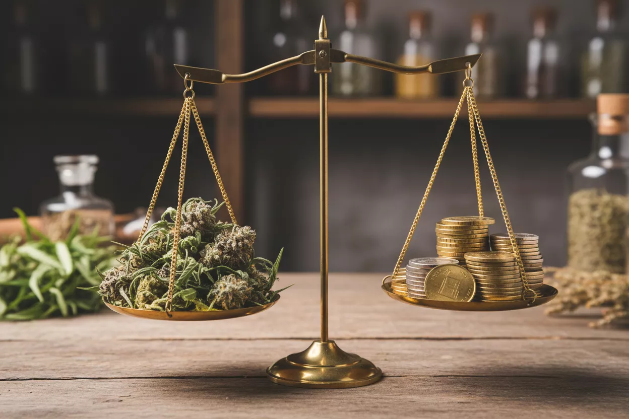 Une balance de justice avec d'un côté des feuilles de chanvre et de l'autre des pièces de monnaie, symbolisant l'équilibre entre la qualité du CBD et son coût.